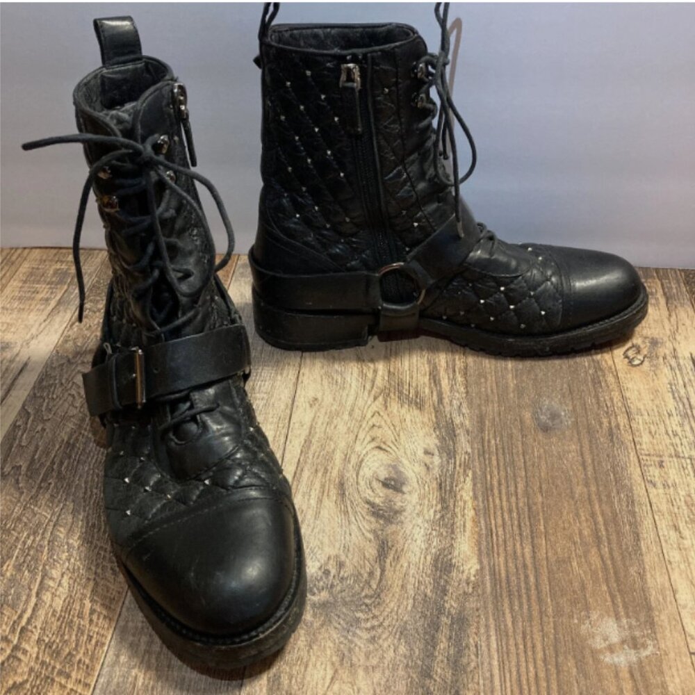 Valentino Garavani Rock Studs Leather Boots Black Womens 37.5 or 7 Biker Combat